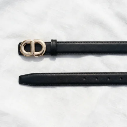 Slim black leather womens belt with gold oval CD monogram buckle (4)