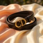 Slim chocolate brown leather womens belt with a gold CD logo buckle displayed on a stone pedestal (1)