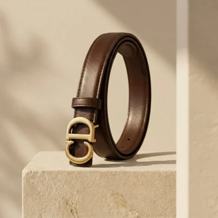 Slim chocolate brown leather womens belt with a gold CD logo buckle displayed on a stone pedestal (4)