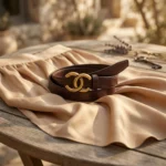 Slim dark brown leather belt for women featuring a vintage gold interlocking CC style buckle (1)
