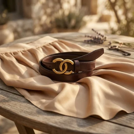 Slim dark brown leather belt for women featuring a vintage gold interlocking CC style buckle (1)