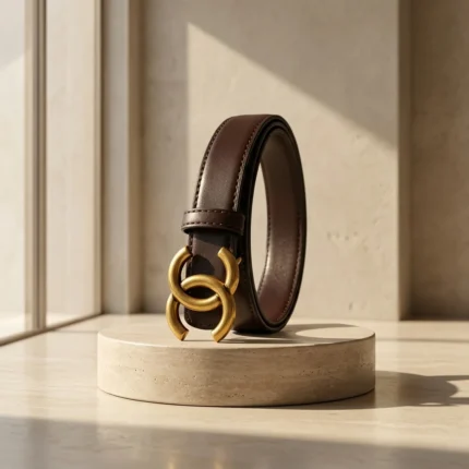 Slim dark brown leather belt for women featuring a vintage gold interlocking CC style buckle (2)