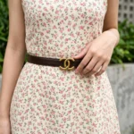 Slim dark brown leather belt for women featuring a vintage gold interlocking CC style buckle (3)