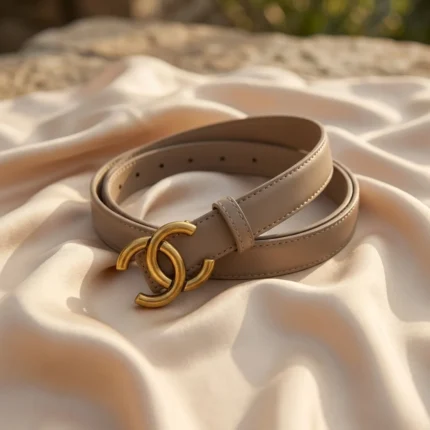 Slim womens taupe leather belt featuring an antique gold interlocking buckle on a stone pedestal (1)