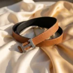 Textured Tan Leather Womens Belt with Silver H Buckle (1)
