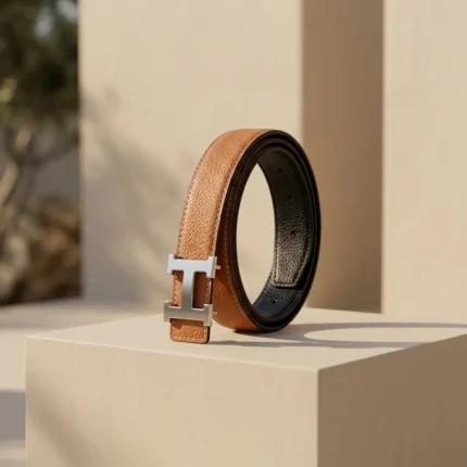 Textured Tan Leather Womens Belt with Silver H Buckle (2)