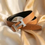 Textured Tan Leather Womens Belt with Silver H Buckle (6)
