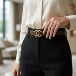 Womens Premium Dark Brown Leather Belt with Gold Interlocking C Buckle (1)
