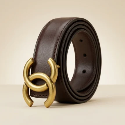 Womens Premium Dark Brown Leather Belt with Gold Interlocking C Buckle (3)