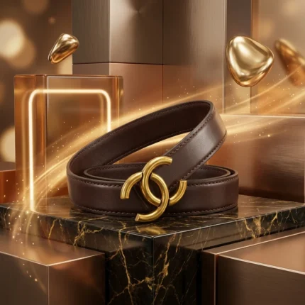 Womens Premium Dark Brown Leather Belt with Gold Interlocking C Buckle (4)