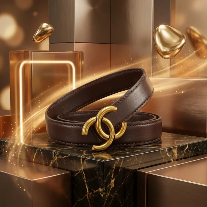 Womens Premium Dark Brown Leather Belt with Gold Interlocking C Buckle (4)