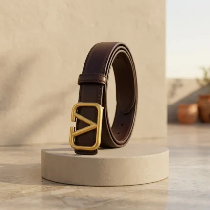 Womens dark brown leather belt with gold toned geometric V buckle (1)