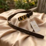 Womens dark brown leather belt with gold toned geometric V buckle (2)