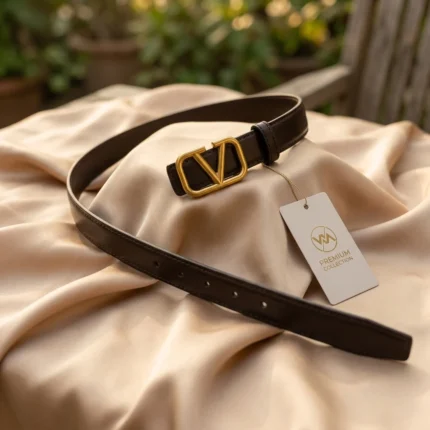 Womens dark brown leather belt with gold toned geometric V buckle (2)