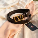Womens dark brown leather belt with gold toned geometric V buckle (3)
