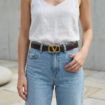 Womens dark brown leather belt with gold toned geometric V buckle (5)