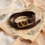 Womens dark brown leather belt with gold toned geometric V buckle (6)