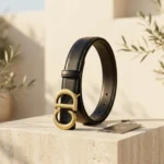 Womens luxury black leather belt featuring a vintage gold toned CD logo buckle (1)