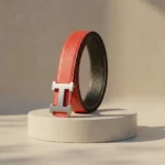 Womens luxury reversible red and black leather belt with silver H buckle (1)