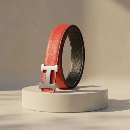 Womens luxury reversible red and black leather belt with silver H buckle (1)