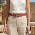 Womens luxury reversible red and black leather belt with silver H buckle (2)