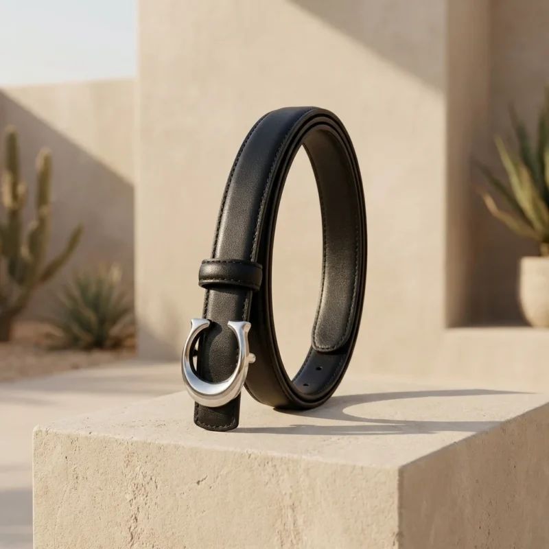 Womens slim black leather belt with silver C shaped metallic buckle on a stone pedestal (1)