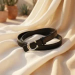 Womens slim black leather belt with silver C shaped metallic buckle on a stone pedestal (4)