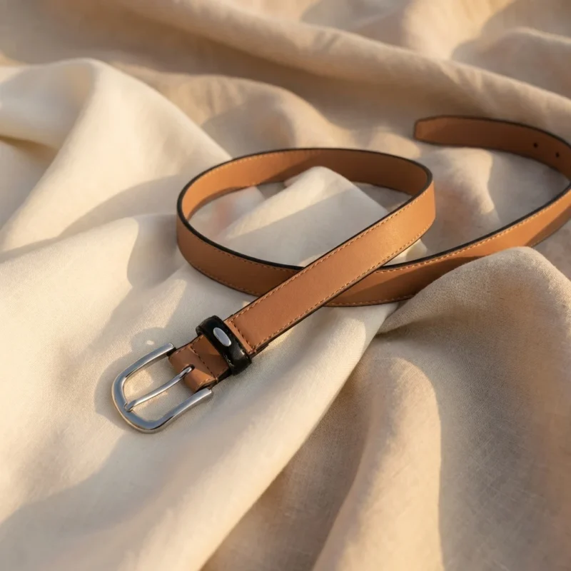 Womens slim black leather belt with silver C shaped metallic buckle on a stone pedestal (5)