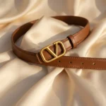 Womens tan leather belt with a gold V shaped buckle (2)