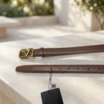 Womens tan leather belt with a gold V shaped buckle (3)