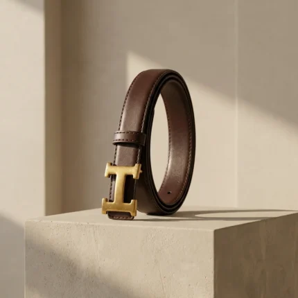 a chocolate brown leather belt with a gold H buckle (4)
