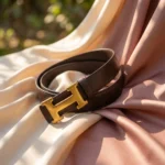 a chocolate brown leather belt with a gold H buckle (5)