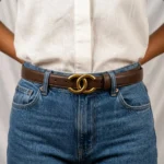 ark brown leather belt with antique gold interlocking CC style buckle (1)