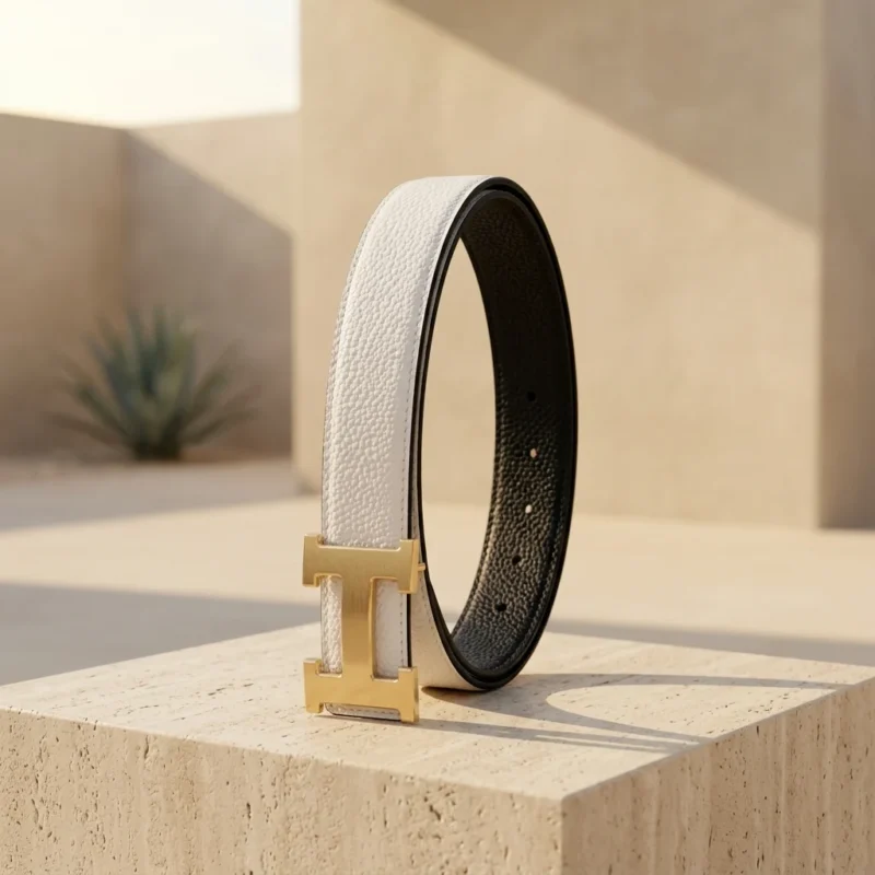 white and black reversible leather belt for women with brushed gold H shaped buckle (1)