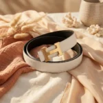 white and black reversible leather belt for women with brushed gold H shaped buckle (2)