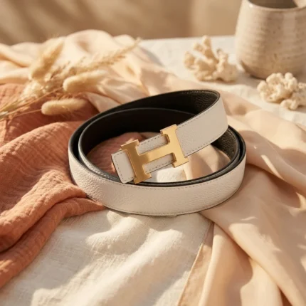 white and black reversible leather belt for women with brushed gold H shaped buckle (2)