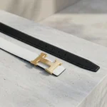 white and black reversible leather belt for women with brushed gold H shaped buckle (4)