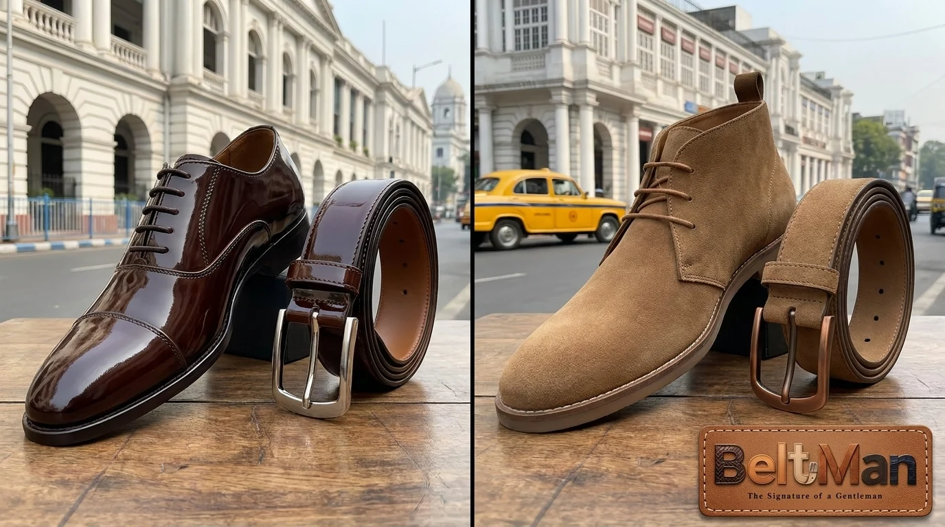Comparing glossy and matte leather finishes on belts and shoes