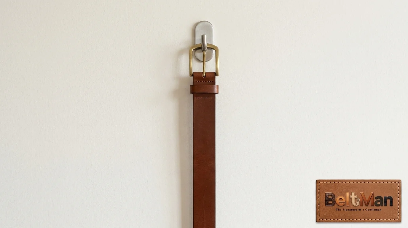 Leather belt hung properly on a hook for storage