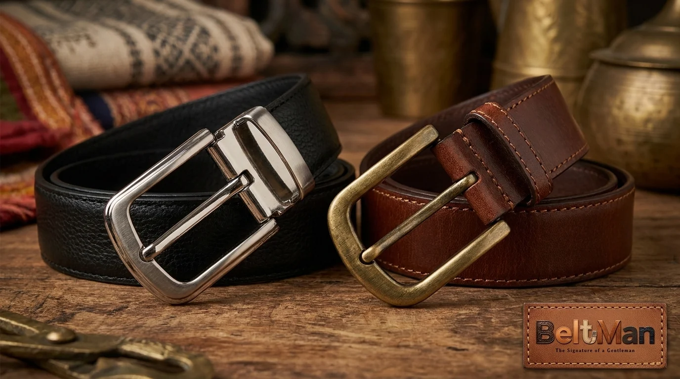 Silver and gold buckle options on black and brown belts