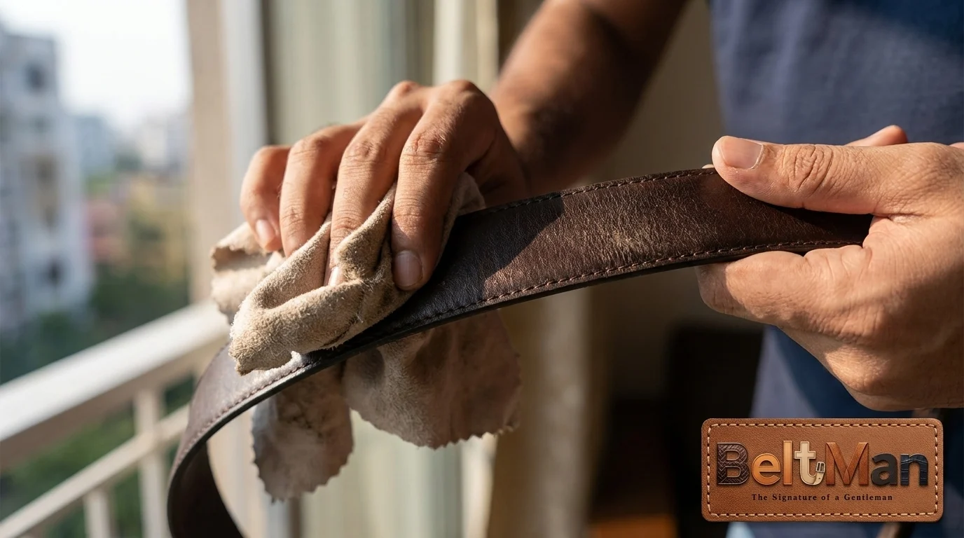 Cleaning a leather belt with a soft dry cloth
