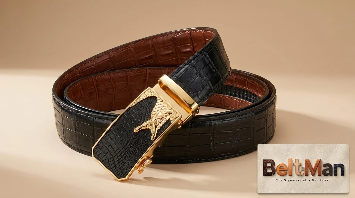 Reversible leather belt showing black on one side, brown on the other